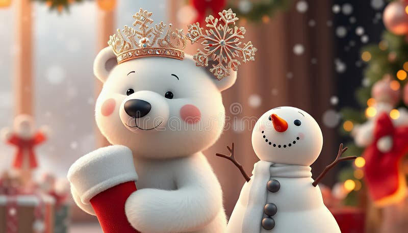 Adorable Render 3D d'Ours Polaire et Snowman Célébrer Noël. Rendu 3D d'un ours polaire mignon portant une couronne de flocon de neige debout à côté d'un bonhomme de neige dans un cadre de Noël festif et chaleureux. La scène est éclairée par un effet bokeh qui suggère des lumières de Noël et une ambiance chaleureuse. L'ours tient une réserve de Noël rouge. Le style général est gai et adorable, parfait pour les cartes de Noël ou les vacances