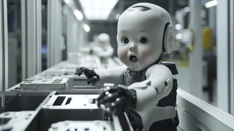 Adorable robot baby explores a high-tech factory stock illustration