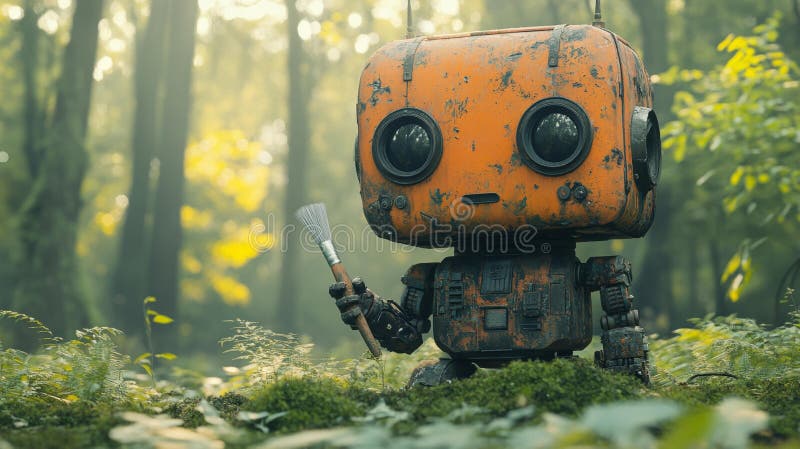 Adorable rusty robot in enchanted forest - generative ai royalty free illustration