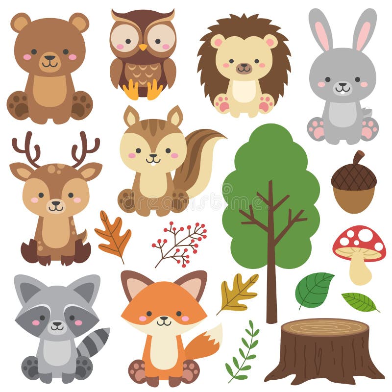 Adorable sitting woodland animals vector set. Forest animals in cartoon flat style. Wild animals clipart.