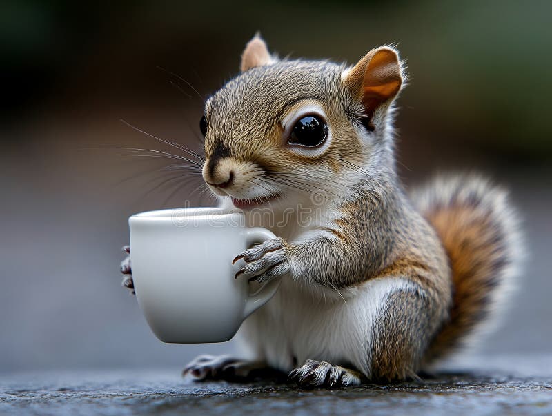 An adorable small squirrel sits holding a tiny white cup royalty free stock images