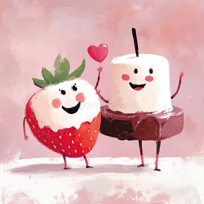 Adorable strawberry and marshmallow characters expressing love and joy stock illustration