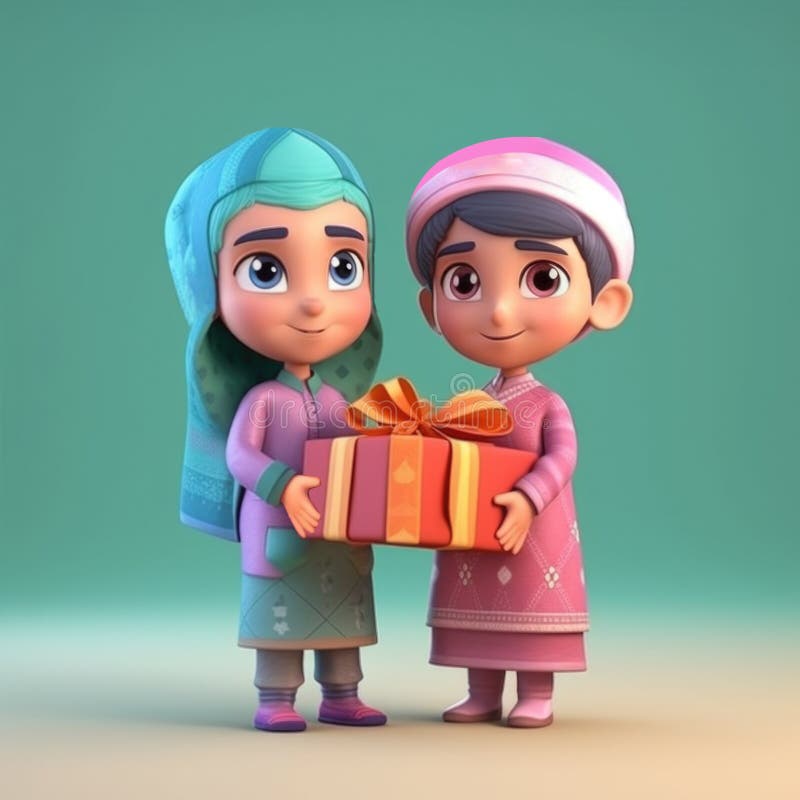 adorable disney style avatar de de bonne humeur musulman fille portant  hijab avec cadeau boîte, eid mubarak concept, génératif ai. 24075355 Photo  de stock chez Vecteezy
