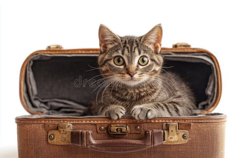 Adorable tabby kitten peeking out of an old suitcase, ready for an adventure royalty free stock photo