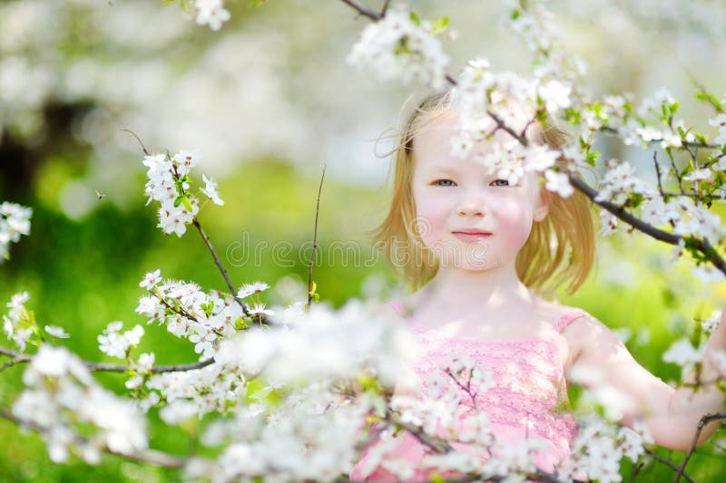 Adorable toddler girl in blooming cherry garden