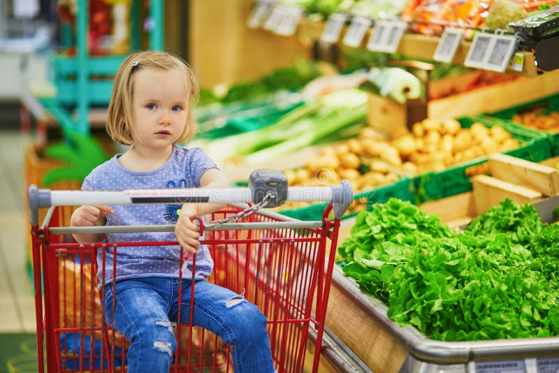Adorable Toddler Girl Sitting in the Shopping Cart in a Food Store or a ...