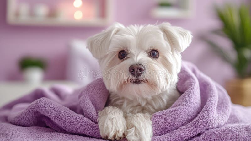 Adorable weiße Maltese Hund verpackt in gemütliche violette Decke in weichen Pastelltönen. stockfotos