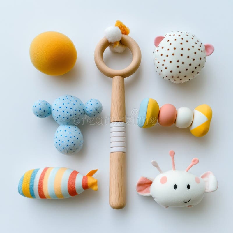 Adorable Wooden Baby Rattles Set with Colorful Soft Toys vector illustration
