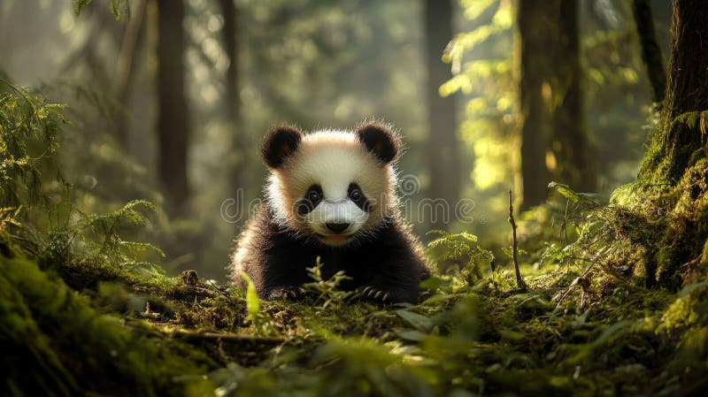 Adorable Young Panda in Lush Green Forest royalty free illustration