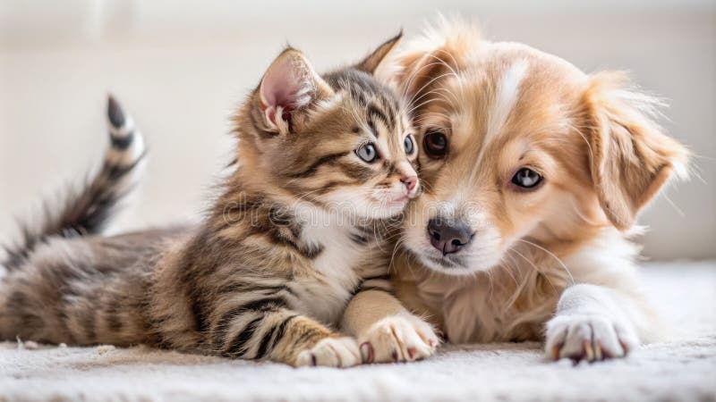 Adorables saboteadores de un año de edad para el gato y el cachorro enganchados con diversión en un suave suelo blanco libre illustration