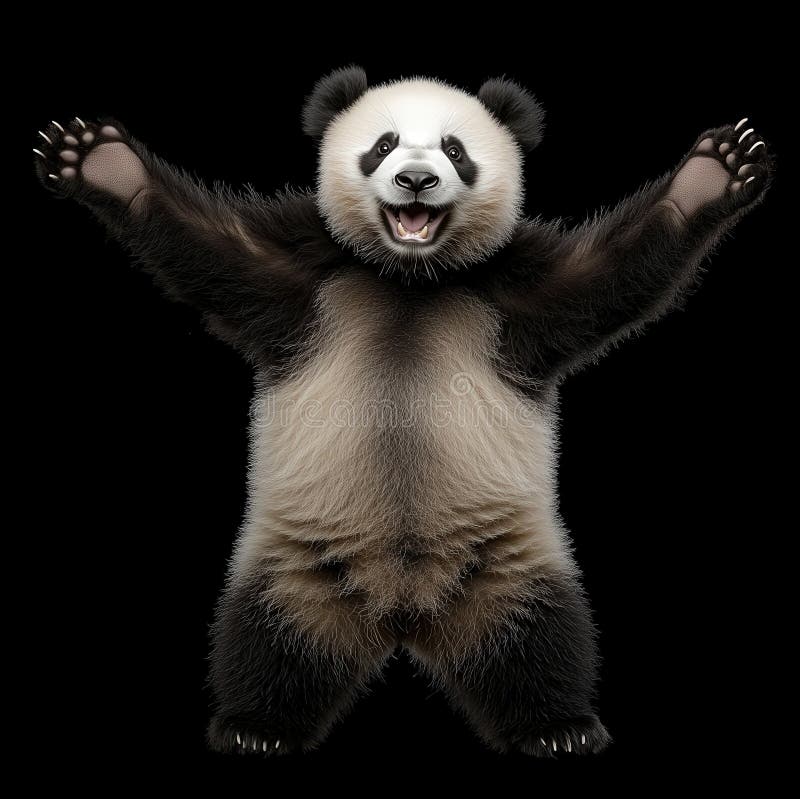 Adorato panda in piedi, con le braccia alzate, con un'espressione giocosa e allegra su sfondo bianco. illustrazione vettoriale