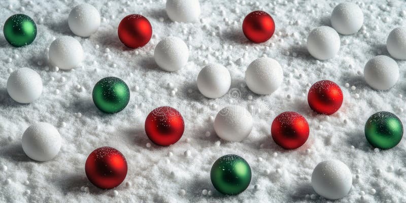 Adornos de navidad rojizos, verdes y blancos, esparcidos en un fondo nevado con un aire helado generado