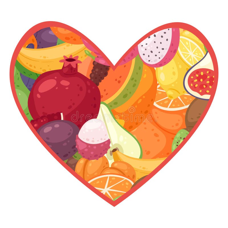 Adoro l'illustrazione vettoriale dei frutti Cuore con cibo tropicale sano e fruttato Albicocca, pompelmo, limone con arancia, per illustrazione vettoriale