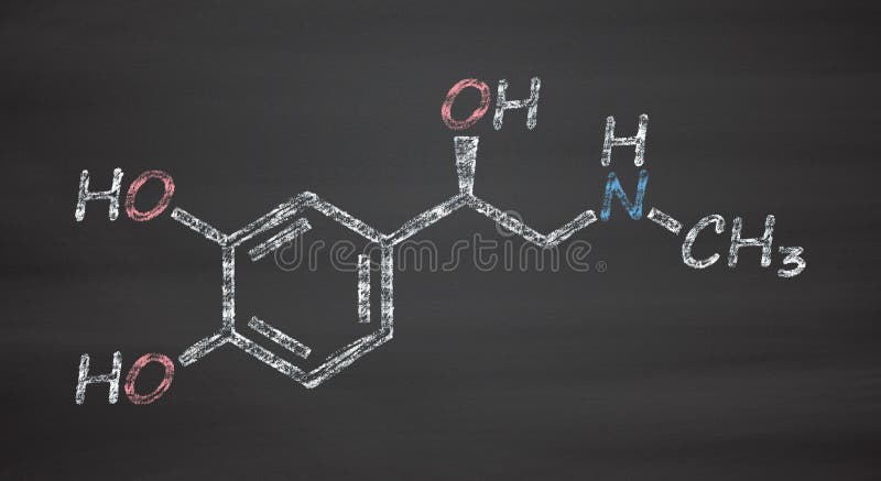 Adrenaline (adrenalin, epinephrine) neurotransmitter molecule. Used as drug in treatment of anaphylaxis. Chalk on blackboard style illustration. Adrenaline (adrenalin, epinephrine) neurotransmitter molecule. Used as drug in treatment of anaphylaxis. Chalk on blackboard style illustration