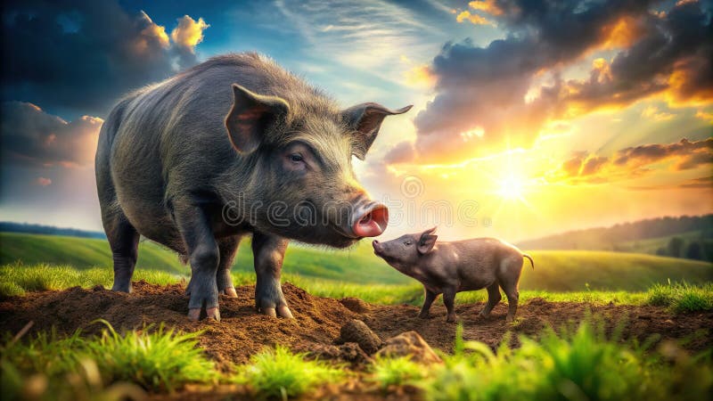 Adsible Black Pig and Piglet Family in a Springtime Muddy Field A Countryside Scene vektor illustrationer