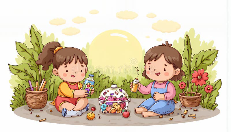 Adsible Chibi Anime Girls Enjoying an EcoFriendly Picnic in a Lush Green Garden : En underbar bild med varm arm vektor illustrationer