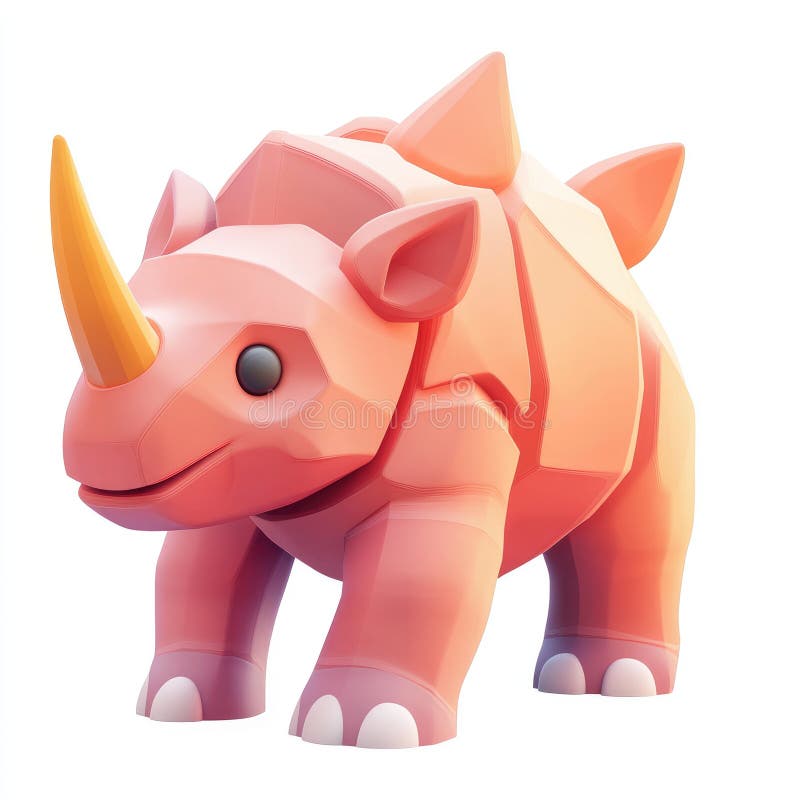 Adsible Pink Rhino Cartoon Character Low Poly 3D Render vektor illustrationer