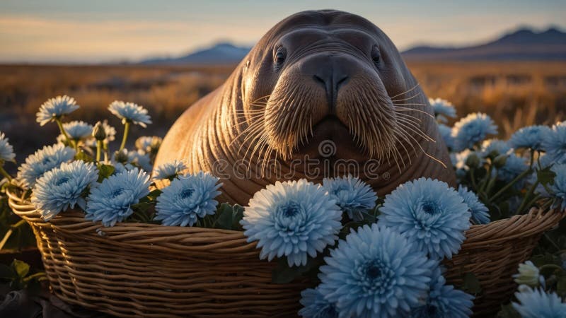 Adsible Walrus i en asket Blue Flowers vid Sunset vektor illustrationer