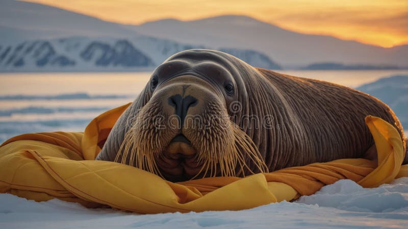 Adsible Walrus Resting on Yellow Blanket in Arktis Sunset vektor illustrationer