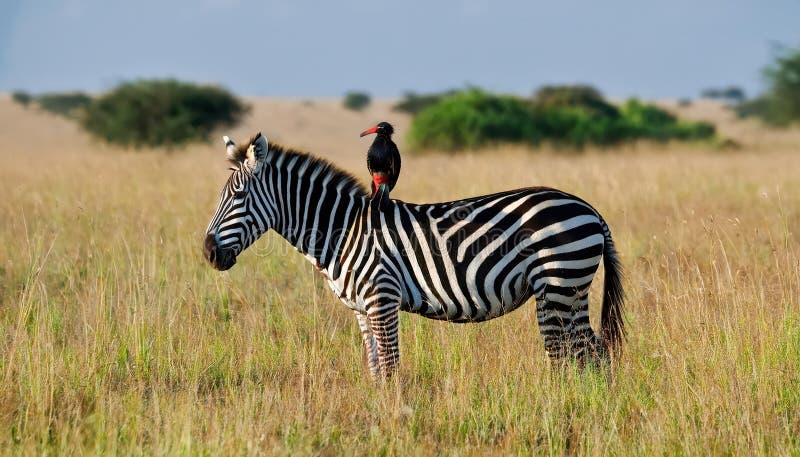 Vuxen Burchells Zebra med vårtstare: Ett slående afrikanskt djurlivsmöte mitt i savannens slätter, majestätiskt och djärvt royaltyfri illustrationer
