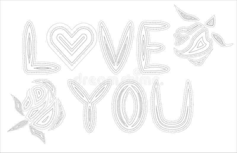 Adult coloring book. Coloring page with word \'love\' and tropical birds and plants. Outline illustration royalty free illustration Adult coloring book. Coloring page with word \'love\' and tropical birds and plants. Outline illustration royalty free illustration