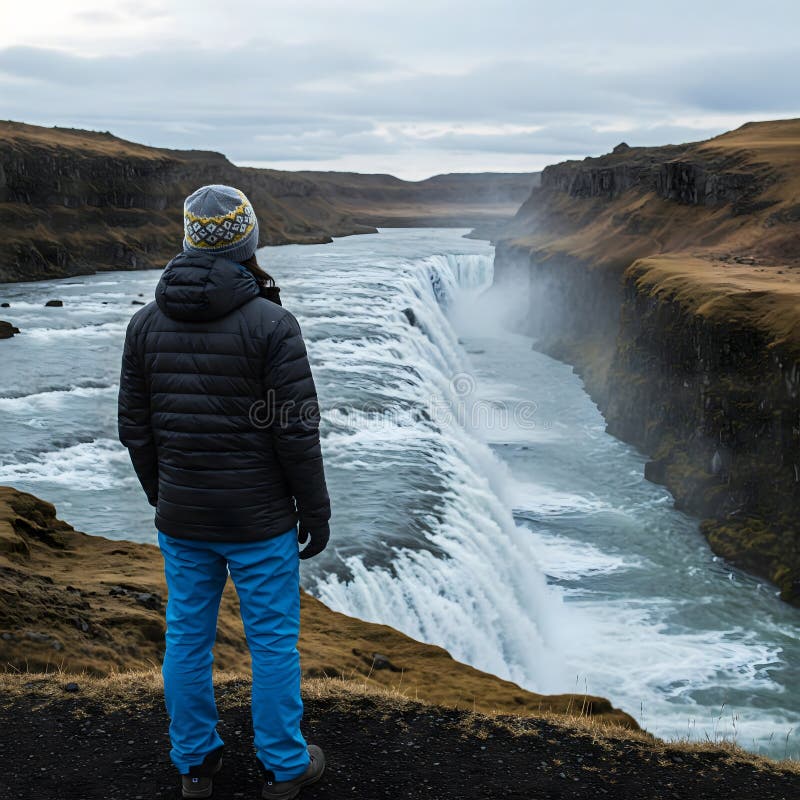 Adult male wearing a winter hat and jacket observes a powerful waterfall in a rocky landscape stock illustration
