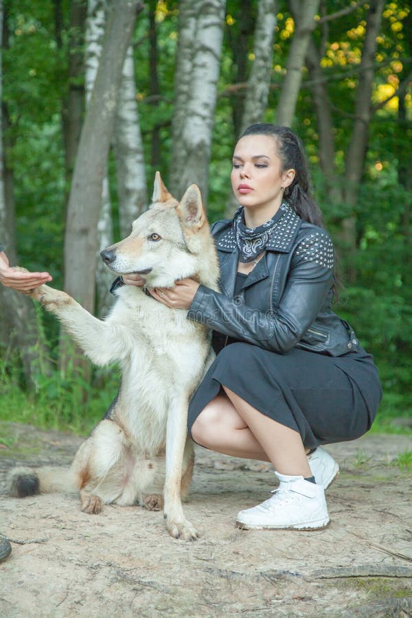 Adult Pretty Model Girl with Real Mix Animal of Wolf and Dog Stock Image -  Image of happy, pets: 156272367