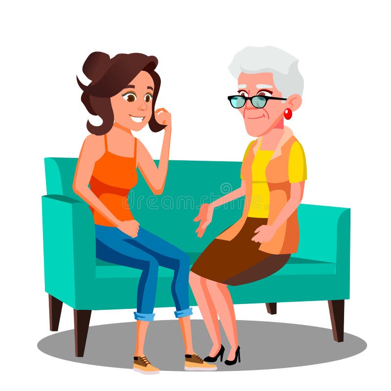 Adult Woman Talking To Her Mature Mother On The Couch Vector. Isolated Illustration