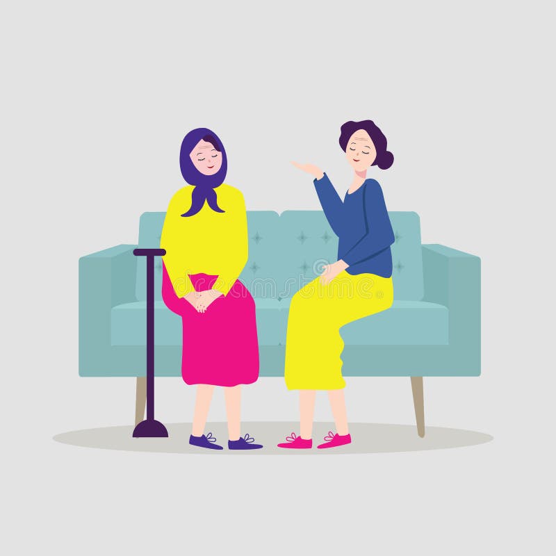 Adult Woman Talking To Her Mature Mother On The Couch Vector. Isolated Illustration