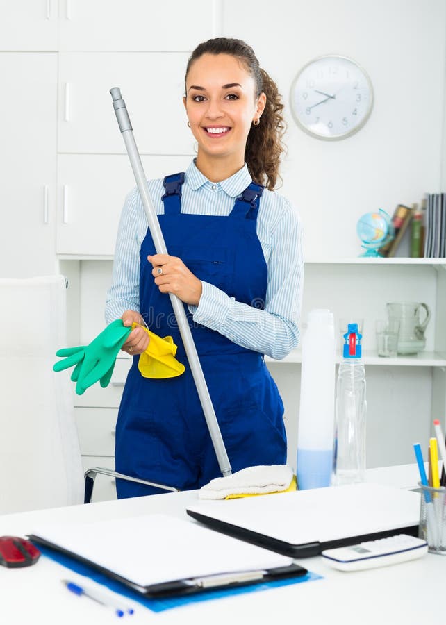 Adult Woman in Uniform Cleaning in Office Stock Image - Image of ...