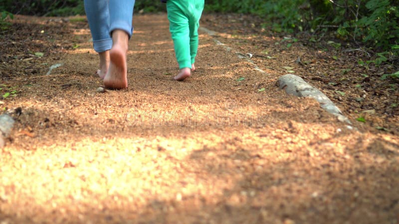 Adulte et marcher pieds nus de pieds d'enfants sur la surface sensorielle de sciure de navigation