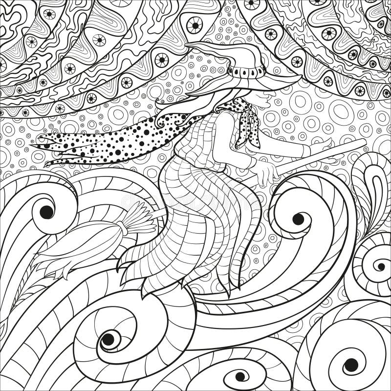 Bruxa bonita numa vassoura - Dia das Bruxas - Coloring Pages for Adults