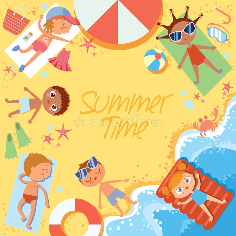 Adultos jovenes Grupo de niños que toman el sol en la playa Visión superior Estilo plano ilustración del vector Adultos jovenes Grupo de niños que toman el sol en la playa Visión superior Estilo plano ilustración del vector