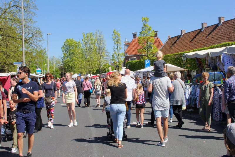 Leeuwarden, Netherlands, May 5 2018, People shopping outdoor market