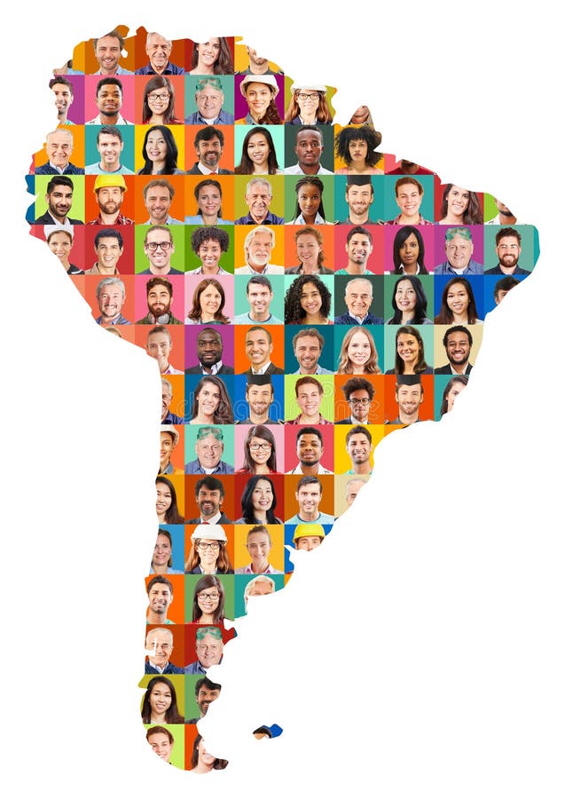 Adults of many generations on a map of South America stock image