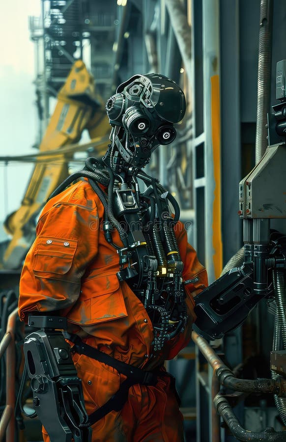 Advance android robot busy working as an engineer in an oil platform Generated with AI royalty free illustration
