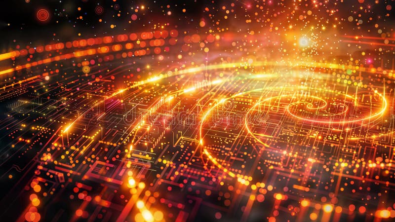Advanced AI: Glowing Circuit Board & Data, generative ai stock illustration