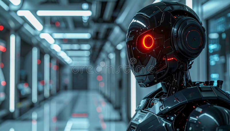 Advanced AI guardian watching over futuristic high tech facility royalty free stock image