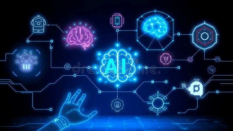 Advanced AI and Machine Learning Concept with Robotic Systems on Digital Smart Interface vector illustration