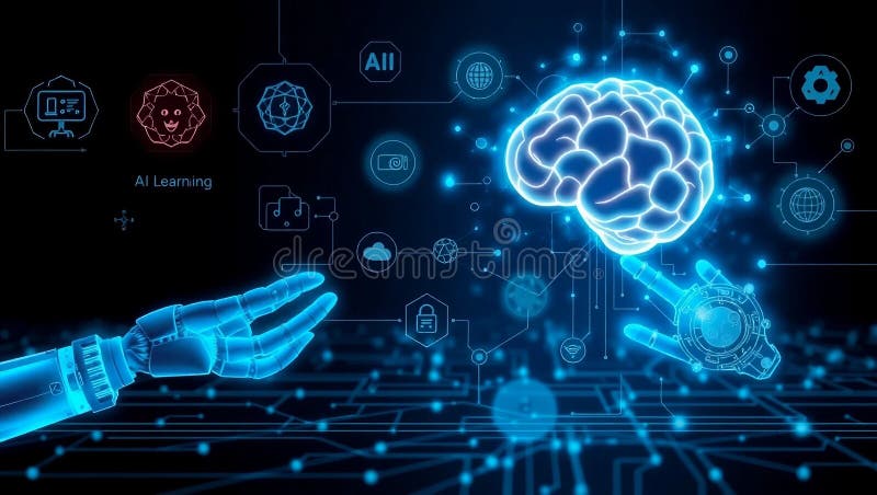 Advanced AI and Machine Learning Concept with Robotic Systems on Digital Smart Interface stock illustration