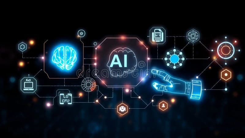 Advanced AI and Machine Learning Concept with Robotic Systems on Digital Smart Interface royalty free illustration