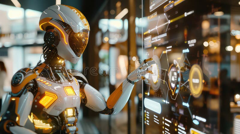 Advanced AI Robot Interacting with Holographic Display Screen generated with AI vector illustration