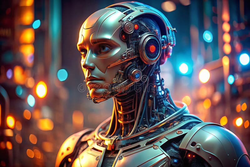 Advanced AI Robot Portrait Exploring the Future of Intelligent Machines with Intricate Circuitry and Technological royalty free illustration