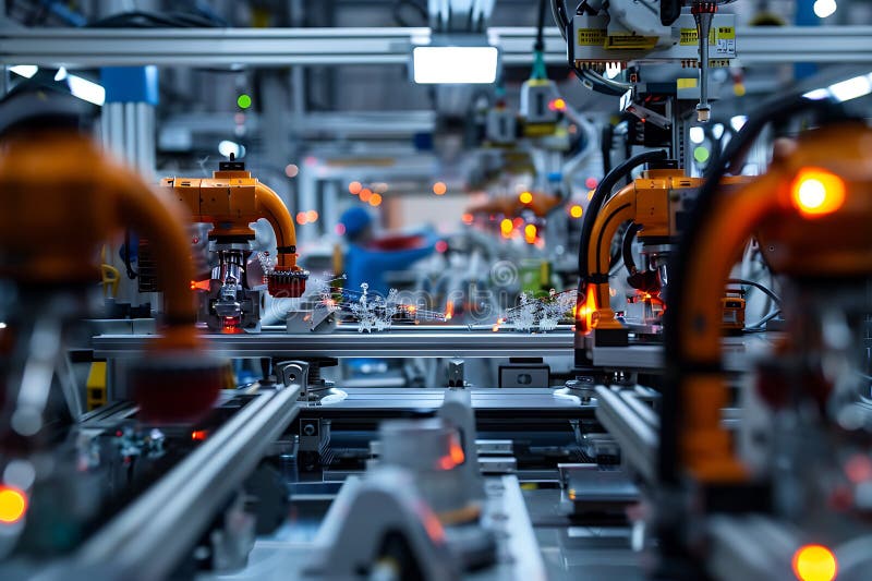 Advanced Automated Manufacturing Assembly Line with Robotic Arms stock illustration