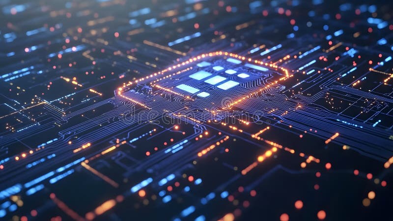 Advanced circuit board with glowing digital connections, futuristic technology, innovations in electronics and data processing vector illustration