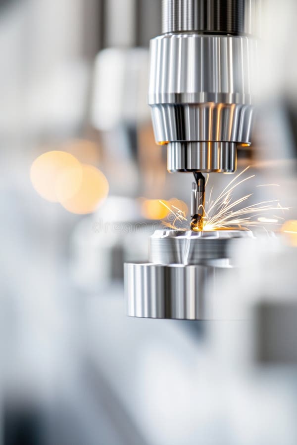 Advanced CNC machine cutting metal with precision and creating sparks in workshop environment royalty free stock photo