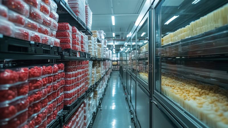 Advanced Cold Storage Facility Showcases Organized Shelving for Perishable Goods and Pharmaceuticals in a Climate stock photos
