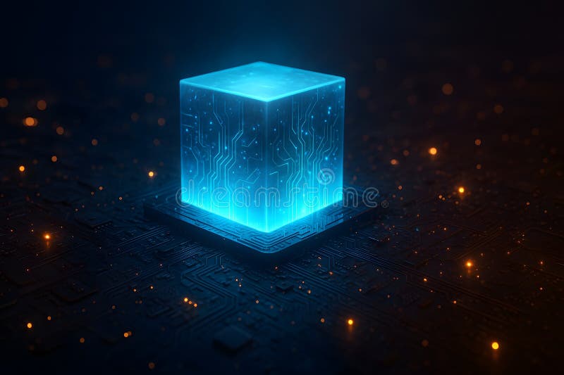 Advanced computing power concept with holographic cube and electronic circuit background royalty free illustration