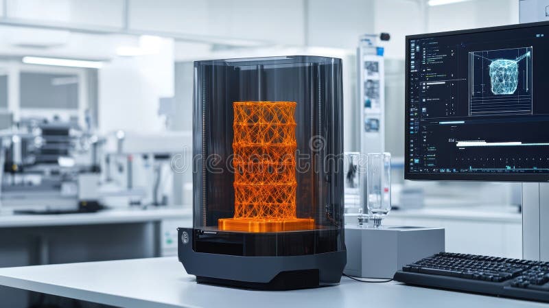 Modern 3d printer creating complex lattice structure in laboratory setting royalty free illustration