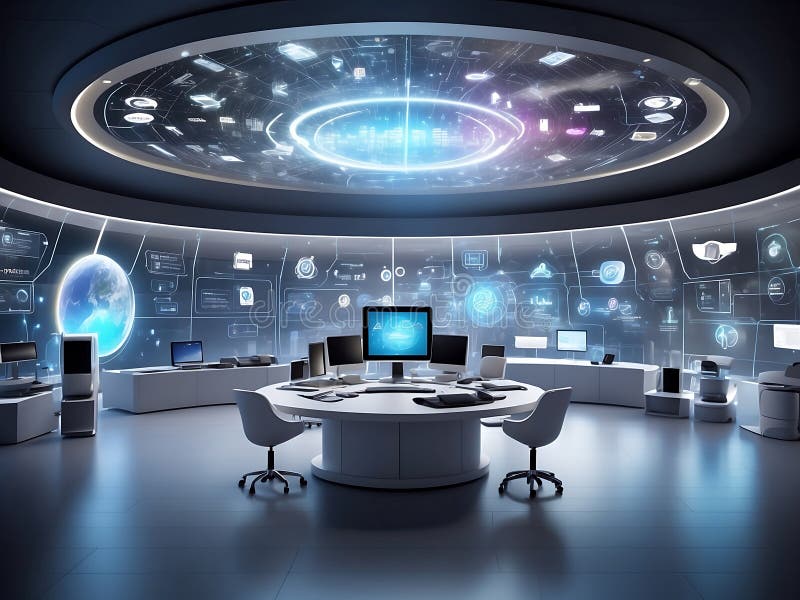 Modern Command Center with Real-Time Global Data Visualization on Multiple Screens. stock illustration